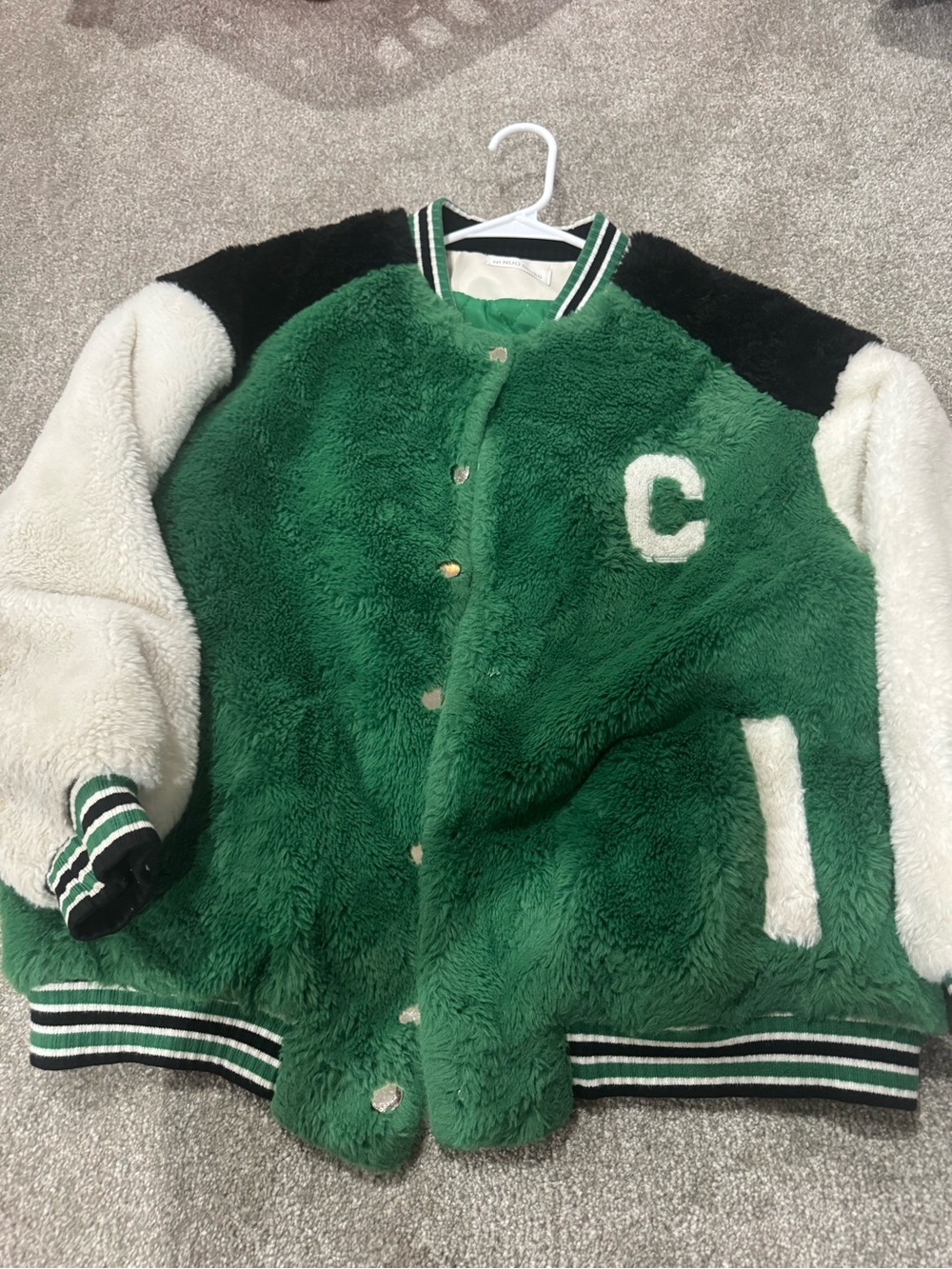 Baggy Green Sherpa Letterman Jacket with Cream Sleeves